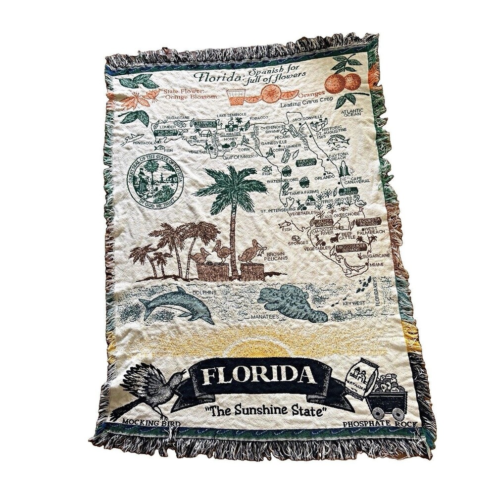 Vintage Florida Souvenir Woven Throw Blanket Tapestry Map Dolphins Manatees